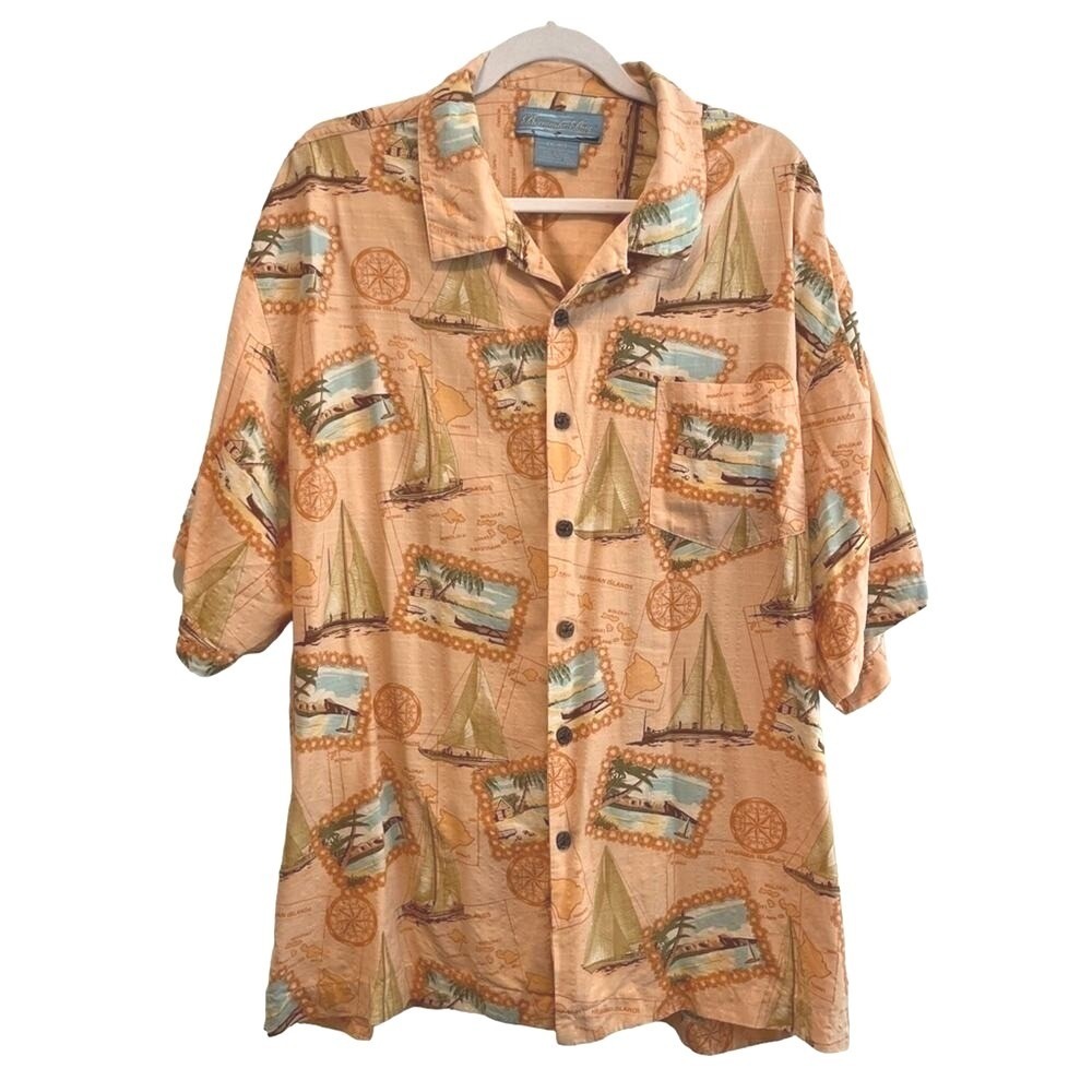 Bermuda Bay Mens Silk Hawaiian Shirt Resortwear Map Sailboat‎ Peach Travel  XXL